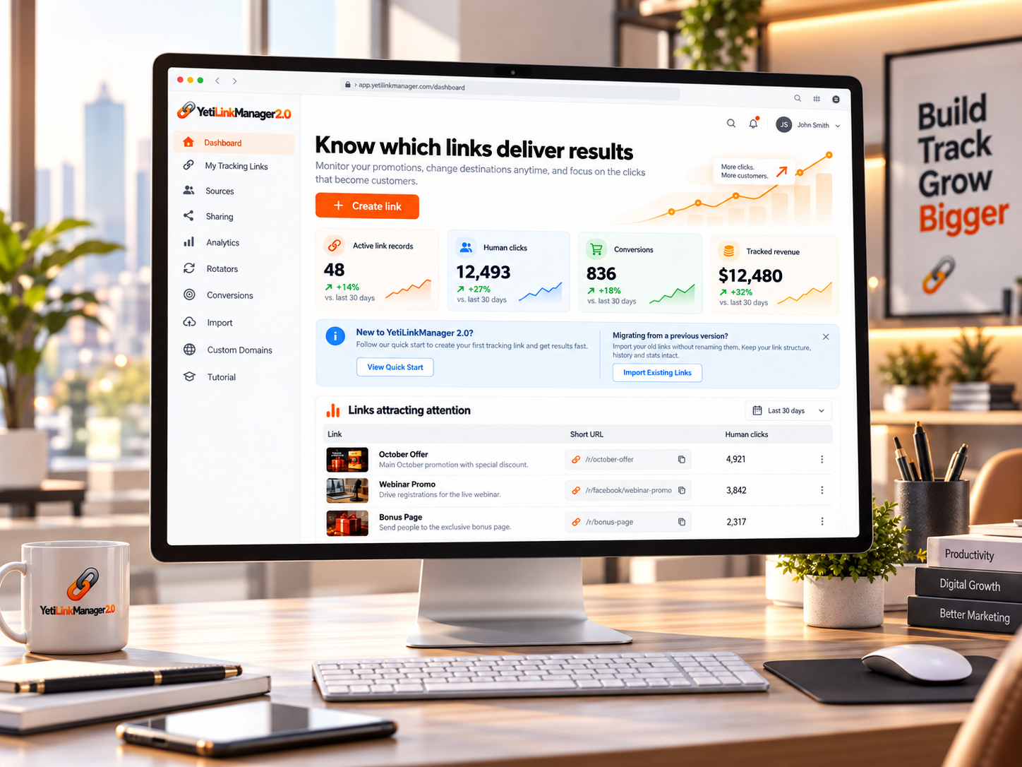 Illustrative desk mockup of the YetiLinkManager dashboard